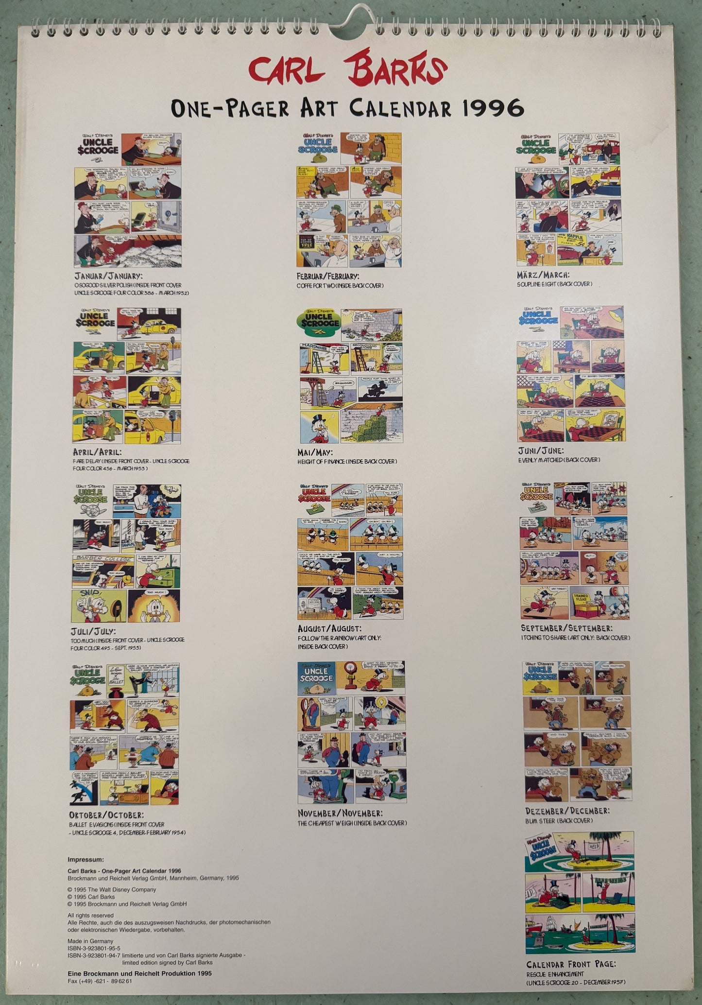 Carl Barks One-Pager Art Calendar 1996 signiert