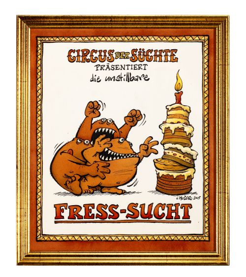 Monster des Alltags: "Die Fress-Sucht (Circus der Süchte)" Tusche/Aquarell
